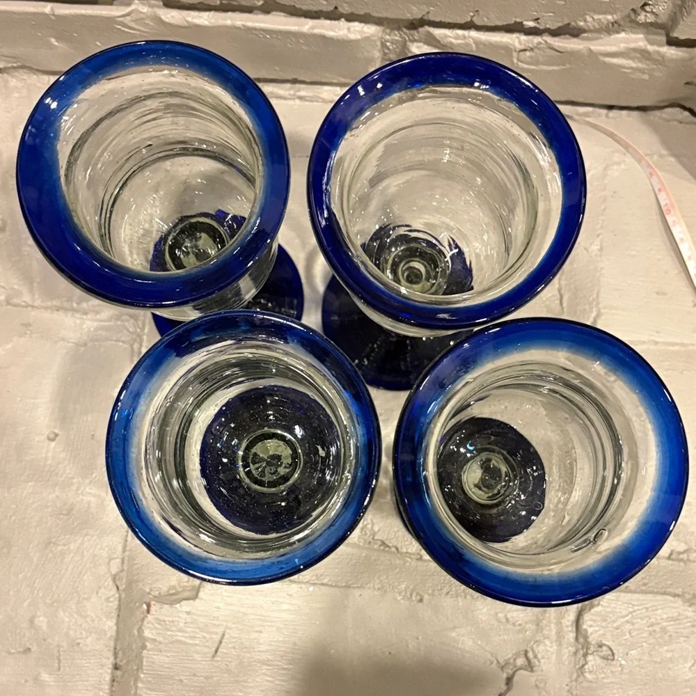 Set of 4 Hand Blown Blue Rimmed Wine/Water/Iced Tea Goblets Made in Mexico - Picture 2 of 7
